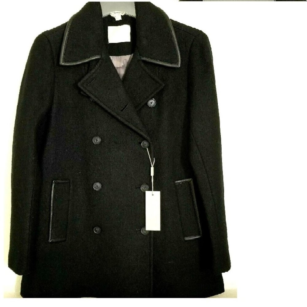 SOIA & KYO EMMIE BLACK WOOL COAT LAMBSKIN LEATHER TRIM SZ L NWT